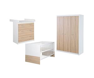 roba Chambre Bébé Complète Gabriella - Lit Évolutif 70 x 140 cm + Commode à Langer Étroit + Armoire 3 Portes - Blanc/Décor Bois