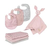 Set de 3 bavoirs en coton bio + 3 langes + 1 serviette doudou lil planet rose pastel - gris / lapin TU