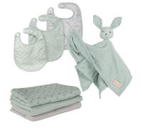 ROBA Coffret Bébé Lil Planet - 7 PCS - 3 Bavoirs + 1 Doudou + 3 Langes - Cadeau de Naissance - Vert Givré / Gris vert TU