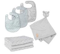 roba Coffret Cadeau Naissance Lil Planet 7 pcs : 3 Bavoirs + 1 Serviette Doudou + 3 Couches Lavables - Certifié GOTS et OEKO-TEX - Gris Argenté