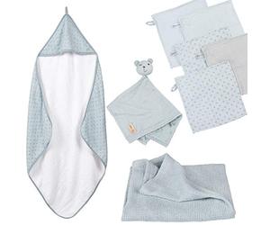 roba Coffret Sortie de Bain Bébé Lil Planet - 1 Cape de Bain + 5 Gants de Toilette + 1 Serviette Doudou + 1 Couverture - Certifié GOTS et OEKO-TEX - Bleu Clair