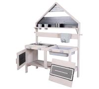 roba Cuisine Extérieure pour Enfants en Bois Massif - avec Cuisinière, Four, Évier en Plastique, Réservoir à Eau et Accessoires - Idéale de 18 Mois à 8 Ans - Gris Clair
