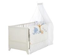 roba Ensemble Complet de Lit Bébé Savanna Friends - Lit 70 x 140 cm en Bois incl. Matelas, Linge de Lit, Ciel et Flèche de Lit - Évolutif à Partir de 6 Mois - Gris Naturel