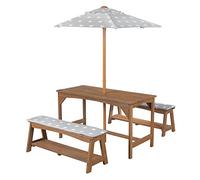 roba Ensemble de Table et 2 Bancs pour 4 Enfants Outdoor+ avec Parasol et 2 Coussins Étoilés Little Stars - Bois Massif Résistant aux Intempéries - Lasuré Teck