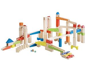 roba Grand Circuit de Billes en Bois - 80 Éléments à Assembler + 20 Billes - Toboggan à Billes - Jeu de Construction - Multicolore, Coloré