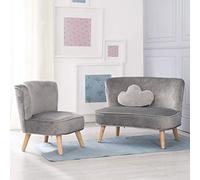 Roba Canapé et fauteuil enfant Lil Sofa – Ensemble velours + coussin décoratif nuage, gris argenté