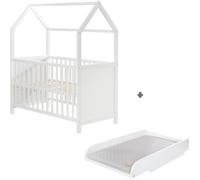 ROBA Lit Bébé Cabane 60x120 cm + Plan et Matelas à langer - Convertible en Lit Cododo - Hauteur Réglable - Bois Laqué Blanc