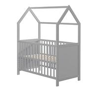 ROBA Lit Bébé Cabane 60x120 cm - Convertible en Lit Cododo - Réglable en Hauteur - Bois Laqué Gris gris TU
