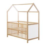 roba Lit Bébé Cabane Évolutif 70x140 - Convertible en Canapé - Réglable en Hauteur - Naturel et Blanc