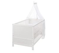 roba Lit Bébé Évolutif Complet - 70 x 140 cm - Equipement Textile au Motif d'Étoiles Inclus - Réglable en Hauteur et Convertible - Blanc