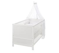 Roba Lit Bébé Évolutif Complet 70 X 140 Cm - Matelas Et Textiles Inclus - Hauteur Réglable - Bois Blanc Blanc