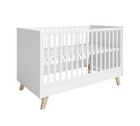 ROBA Lit Bébé Évolutif Smile 70 x 140 cm - Convertible et Hauteur Réglable - 3 Barreaux Amovibles - Pieds en Bois de Chêne - Blanc