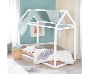 Roba Lit Cabane 70 x 140 cm pour Enfant en Bois Massif Certifié FSC - Montessori au Sol - Maisonnette - Cadre de Lit Maison pour Fille et Garçon - Dès 12 Mois - Laqué Blanc