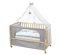 roba Lit Cododo Complet Jumbotwins - 60 x 120 cm - Lit Bébé + Textiles Complets à Motif Éléphants - Matelas, Ciel, Parure de Lit - 4 Roues à Freins - Bois Blanc