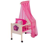 roba Lit de Poupée à Roulettes Happy Fee - Inclus Textile Rose - Couverture + Oreiller + Ciel de Lit et Support - Naturel, 87*57*31 cm
