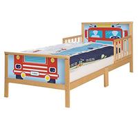 roba Lit pour Enfant en Bois avec Sommier à Lattes Car 70 x 140 cm - Thème Pompiers + Draps - Naturel / Bleu