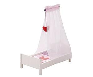 roba Lit pour Poupon et Poupée en Bois Fienchen Inclus Textile Rose + Couverture + Oreiller + Ciel de Lit - Laqué Blanc
