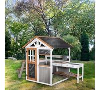 roba Maison de Jardin en Bois - avec Cuisine de Jeu avec plaques de Cuisson + Table de Pique-Nique et Banc pour Enfants - Maison de Jeu résistante aux intempéries avec Stand de Vente - Multicolore