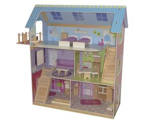 roba Maison de Poupée en Bois à 3 Étages avec Escalier et Balcon + 16 Pièces de Mobilier Miniature - Rose/Bleu