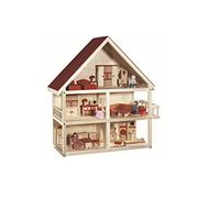 roba Maison de Poupée en Bois + Meubles et Poupées - Maison de Jeu - dès 3 Ans - Naturel / Rouge