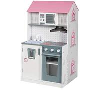 roba Maison de Poupée et Cuisine Enfant 2en1 - Maison en Bois à 3 Étages et 6 Pièces - pour Poupée de 32 cm - Rose/Blanc