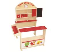 roba Marchande en Bois Tante Emma avec Comptoir et Tableau - Jouet d'Imitation en Bois - dès 3 Ans - Rouge / Naturel