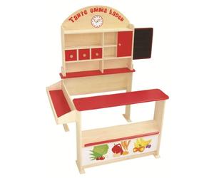 roba Marchande en Bois Tante Emma avec Comptoir et Tableau - Jouet d'Imitation en Bois - dès 3 Ans - Rouge / Naturel