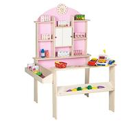 roba Marchande Enfant en Bois avec Horloge - Supermarché + Caisse Enregistreuse Microphone et Accessoires - Rose / Naturel