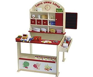 roba Marchande Enfants Tante Emma avec + de 100 Pièces d'Accessoires - une Vraie Caisse Enregistreuse et Haut parleur - Horloge et Tableau à Craie - Rouge / Naturel