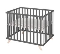 roba Parc Bébé en Bois Massif Bio 75 x 100 + Tapis de Parc Lil Planet Gris - Certifié OEKO-TEX et GOTS - Base Ajustable en Hauteur - Design Rétro - Laqué Anthracite