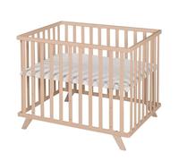 roba Parc Bébé 75 x 100 en Hêtre Bio + Tapis de Parc de Protection Lil Planet Gris - 4 Pieds - Bois Naturel