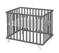 roba Parc Bébé en Bois Massif Bio 75 x 100 + Tapis de Parc Lil Planet Gris - Certifié OEKO-TEX et GOTS - Base Ajustable en Hauteur - Design Rétro - Laqué Anthracite