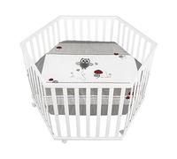 roba Parc Bébé Hexagonal en Bois Adam & Eule + Tapis de Parc et Roulettes avec Freins - Base Ajustable en Hauteur - Blanc