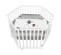 roba Parc Bébé Hexagonal en Bois Adam & Eule + Tapis de Parc et Roulettes avec Freins - Base Ajustable en Hauteur - Blanc