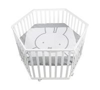 roba Parc Bébé Hexagonal en Bois miffy + Tapis de Parc et Roulettes avec Freins - Base Ajustable en Hauteur - Blanc