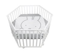 roba Parc Bébé Hexagonal en Bois miffy + Tapis de Parc et Roulettes avec Freins - Base Ajustable en Hauteur - Blanc