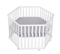 roba Parc Bébé Hexagonal en Bois + Tapis de Parc roba Style Gris - Base Ajustable en Hauteur sur 3 Niveaux - 6 Roulettes avec Freins - Laqué Blanc