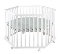Roba Parc Bébé Hexagonal roba Style + Tapis de Parc en Vert Givré + Roulettes avec Frein - Bois Blanc