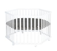 roba Parc hexagonal en bois blanc - parc pour bébé mobile avec roulettes et tour de protection matelassée “Graphite” en cuir végan - barrière de sécurité réglable en hauteur