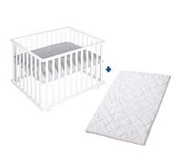 Roba Parc Bébé Rectangulaire roba Style 75x100 + Matelas et Tapis de Parc en Gris Argenté + Roulettes avec Frein - Bois Blanc