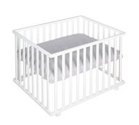 ROBA Parc Bébé Réglable 75x100 cm + Tapis de Parc ""roba Style"" Gris + 4 Roues - Bois Blanc