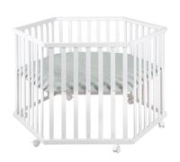 Roba Parc Bébé Hexagonal roba Style + Tapis de Parc en Vert Givré + Roulettes avec Frein - Bois Blanc