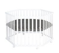 roba Parc hexagonal en bois blanc - parc pour bébé mobile avec roulettes et tour de protection matelassée “Graphite” en cuir végan - barrière de sécurité réglable en hauteur