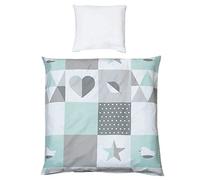 roba Parure de Lit Bébé Happy Patch - 2 Pièces 100% Coton - Housse de Couette 80 x 80 cm + Taie d'Oreiller 40 x 35 cm - Vert Menthe / Gris