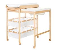 roba Table à Langer avec Baignoire Coulissante Baby Pool 2EN1 avec Matelas Imperméable Blanc et 2 Compartiments de Rangement - Bain Bébé Dès la Naissance - Bois Naturel