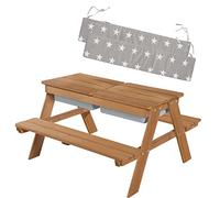 roba Table Pique-nique pour Enfants Play en Bois Massif avec 2 Bacs à Sable et Eau Intégrés + Coussins - Résistante aux Intempéries - Marron