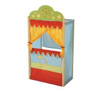 roba Théâtre de Marionnettes pour Enfant dès 3 Ans - en Bois et Tissu - Monté sur Pied - 64 x 39 x 124 cm - avec Horloge à Aiguilles Mobiles - Rideau Jaune - Multicolore