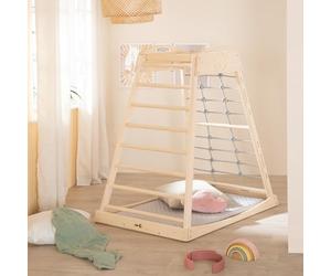 roba Tour de Jeu Intérieure en Bois - Structure Montessori avec Barreaux et Corde d’Escalade - Convient dès 24 Mois - Avec Balançoire en Bois Massif - Charge jusqu’à 70 kg - Naturel/Gris