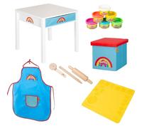 Roba x Play‑Doh Table bricolage + tabouret – bois FSC, 6 pots pâte à modeler, tapis 3D – Dès 3 ans