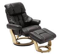 Robas Lund Fauteuil de relaxation pivotant, charge maximale 130 kg, fauteuil TV, fonction allongée, cuir véritable marron, structure en bois naturel